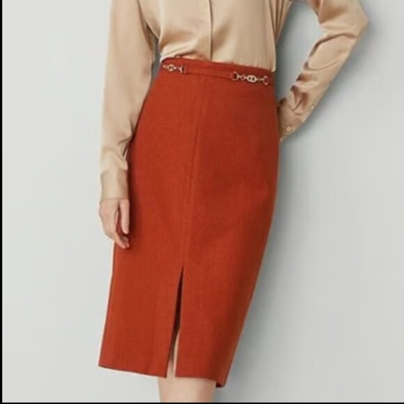 ANN TAYLOR PENCIL SKIRT BASKETWEAVE CHAIN LINK SLIT SKIRT FRESH CLAY RUST ORANGE - Picture 2 of 9